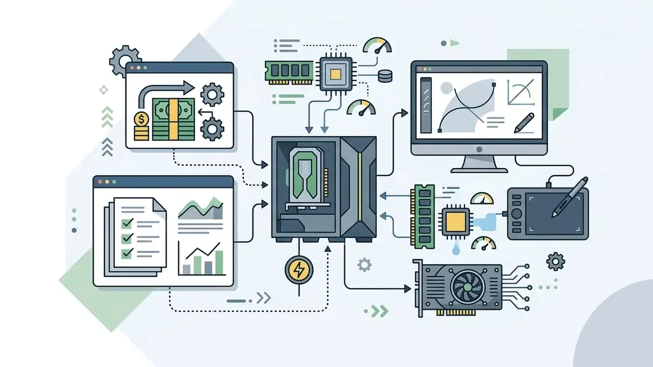 Central computer tower connected to hardware components like RAM, GPU, monitor, and drawing tablet