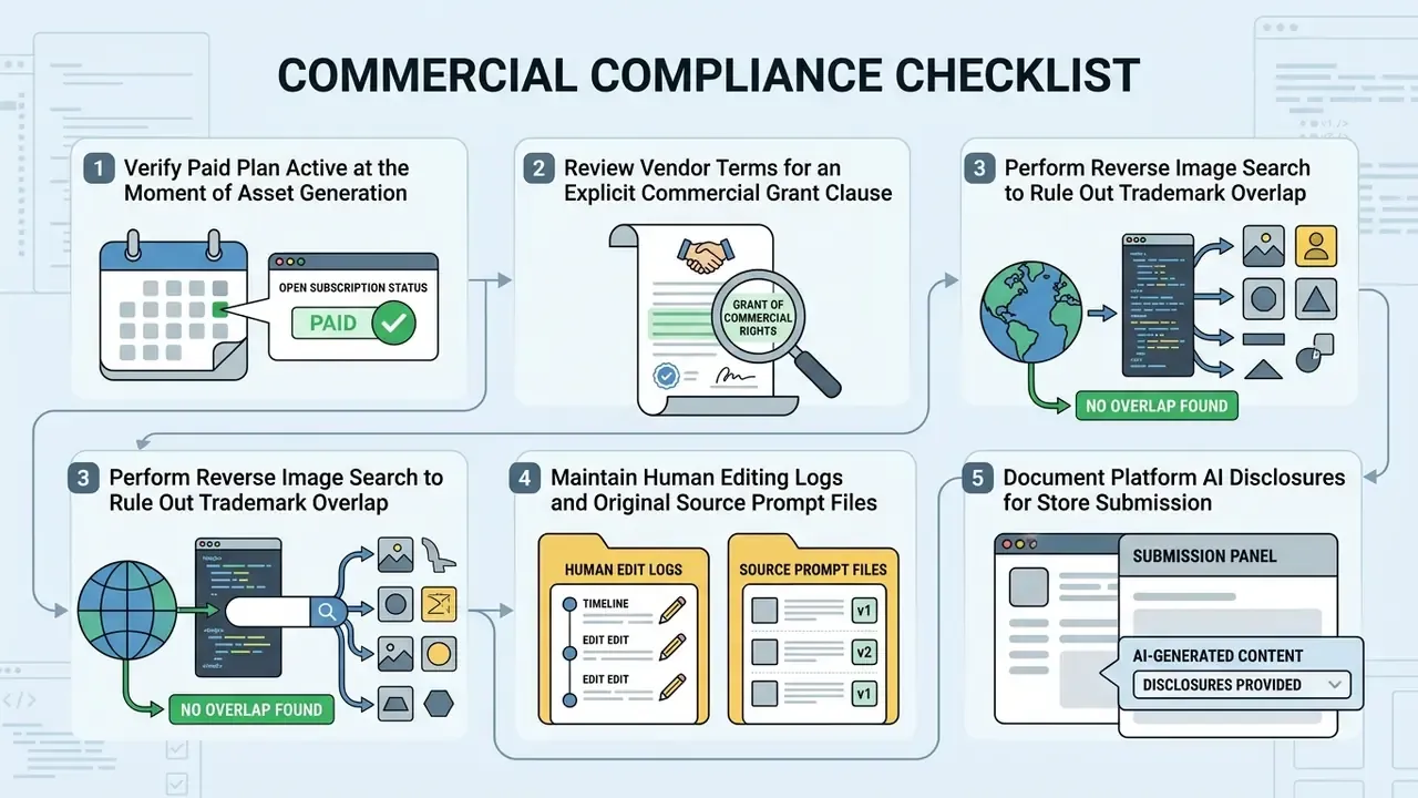 Step-by-step process guide for verifying commercial rights of digital assets through five distinct stages
