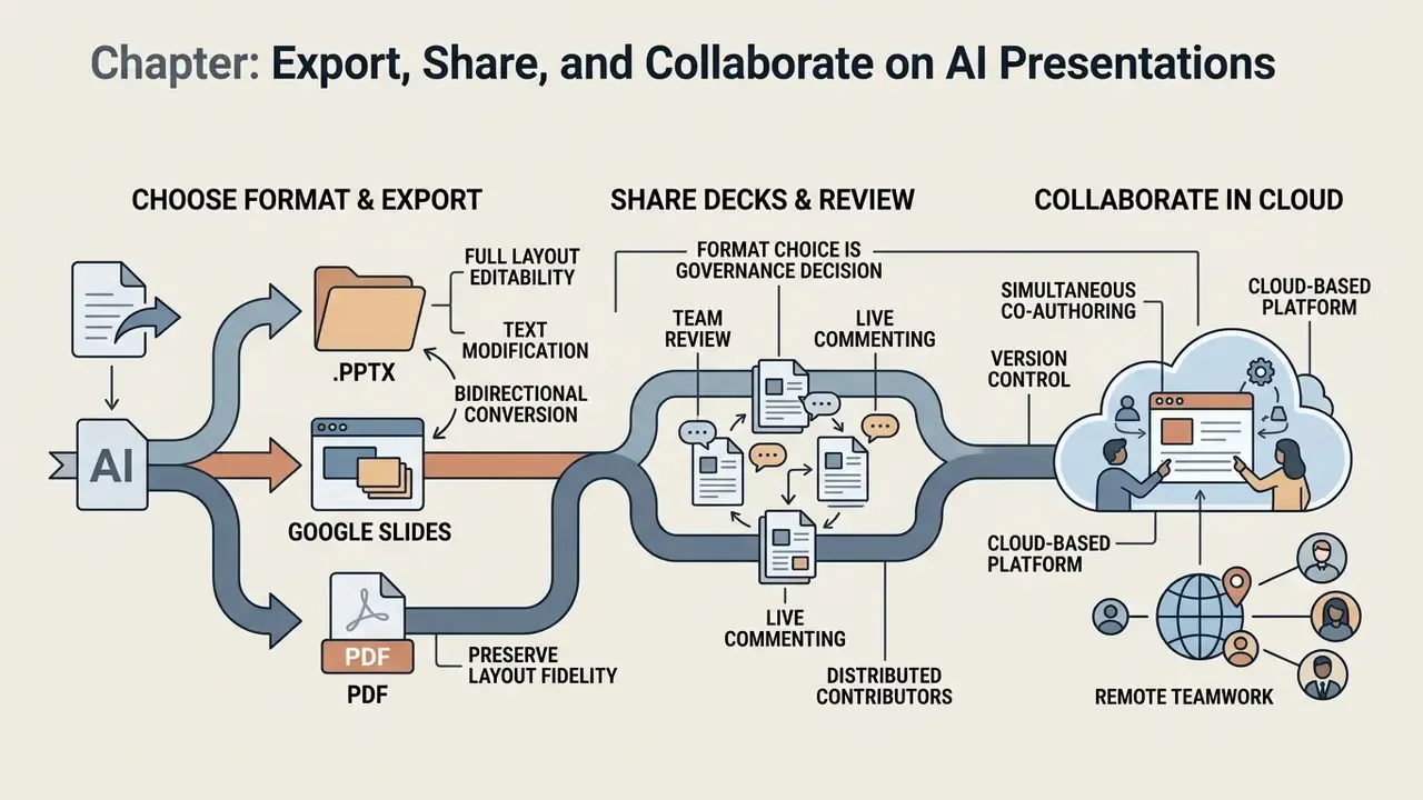 Diagram showing the workflow from exporting presentation formats to cloud-based team collaboration