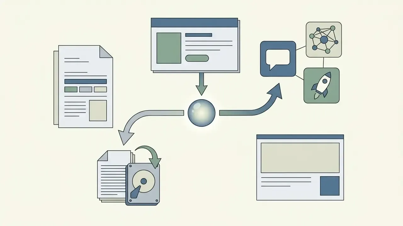 Central sphere connecting document, interface, and social platform icons to represent InVideo AI workflows