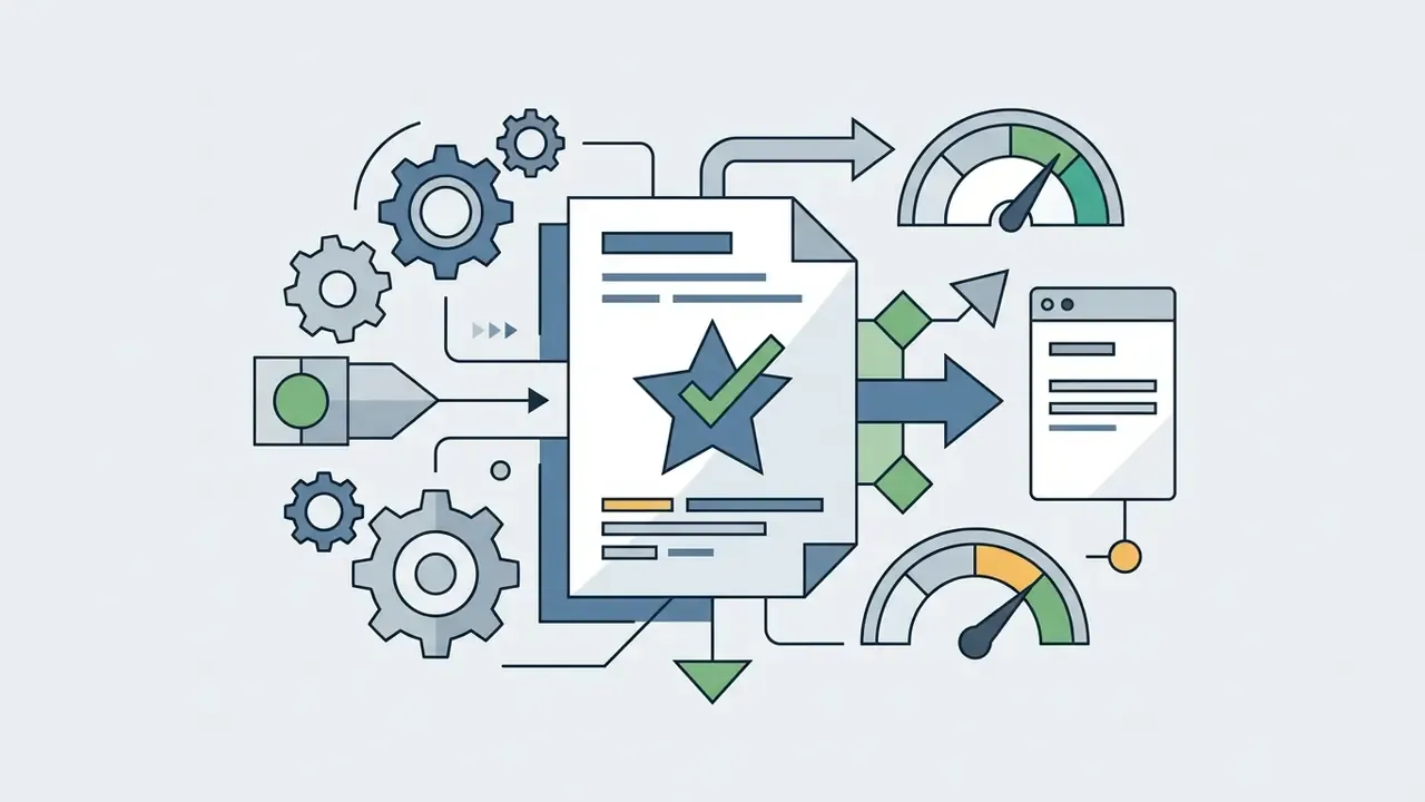 Document with a star icon feeding into a gear system that outputs data to gauges and a digital interface