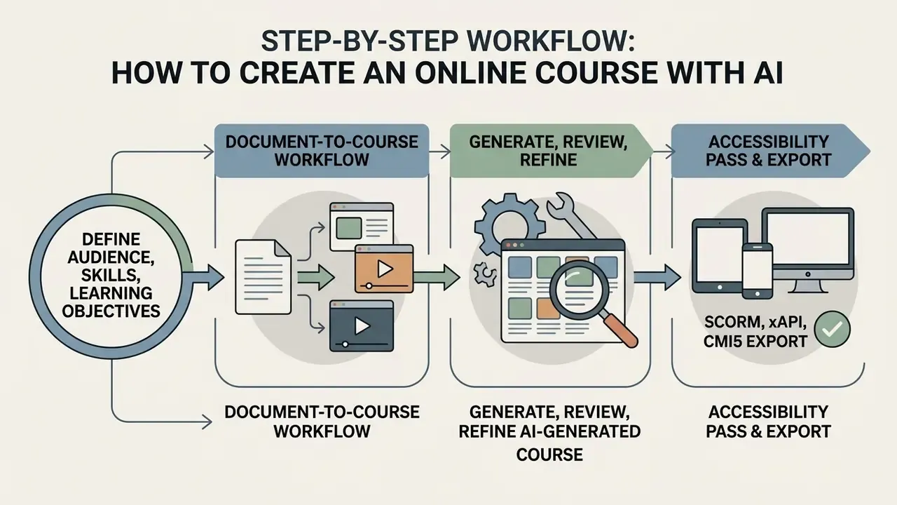 Linear process diagram showing stages from defining objectives to refining content and exporting for accessibility