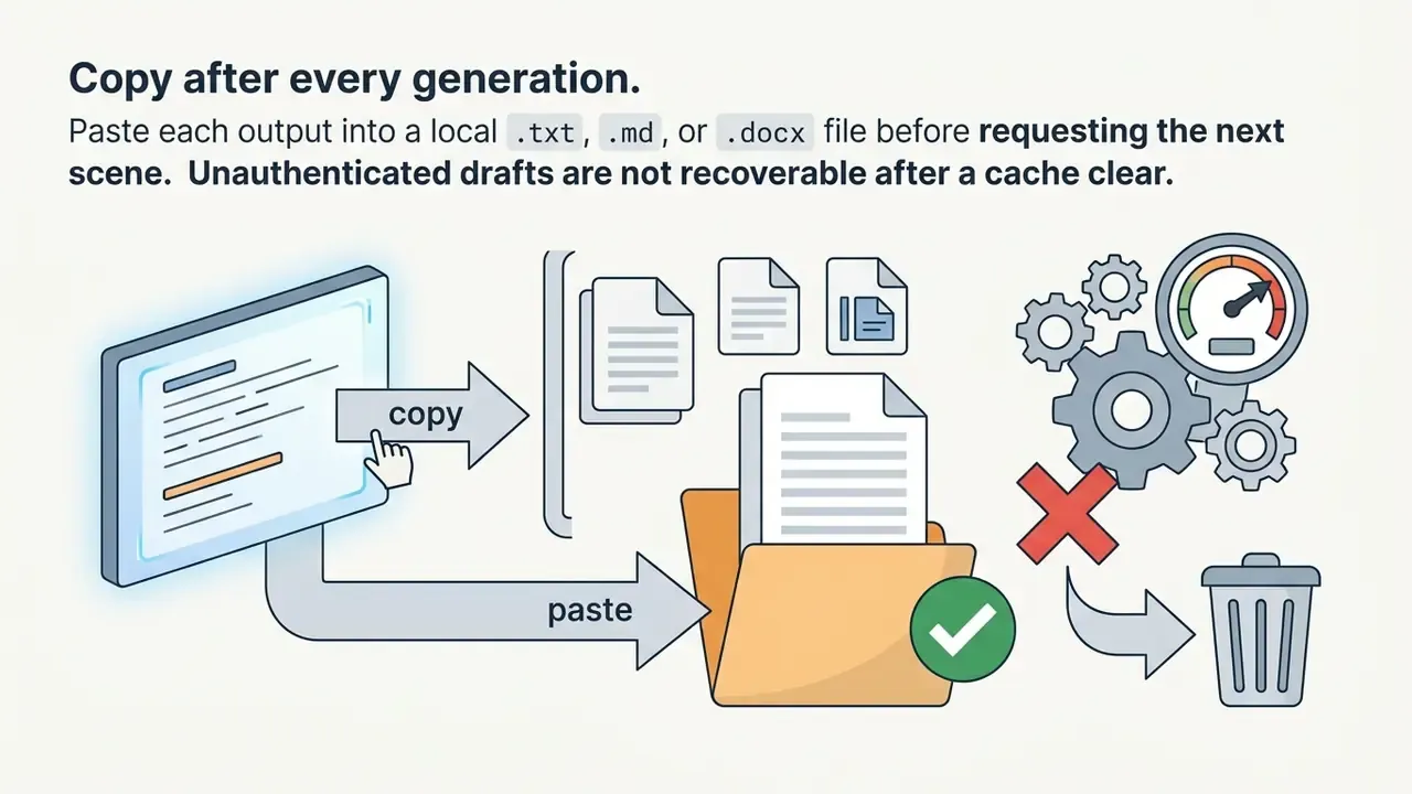 Visual guide showing the process of copying AI fanfic generator output into local files to avoid data loss