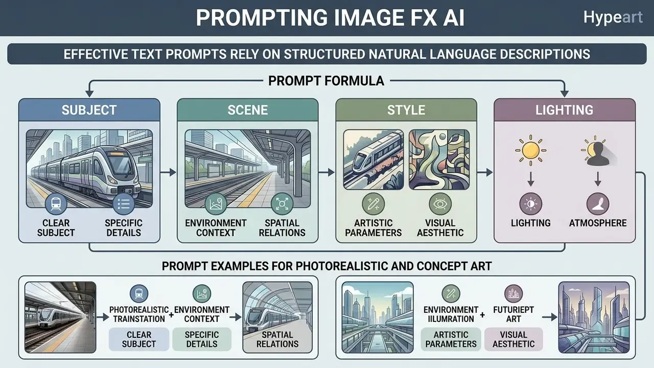 Structured guide breaking down Image FX AI prompts into subject, scene, style, and lighting components