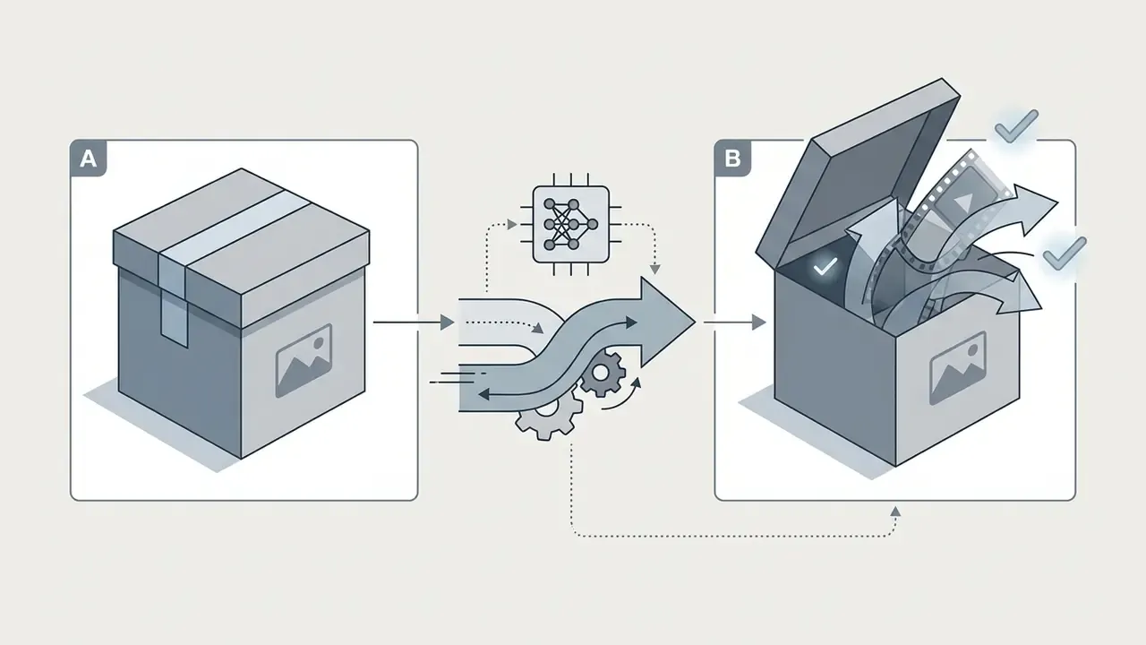 Closed box A transforming into an opened box B containing film strips via a neural network process