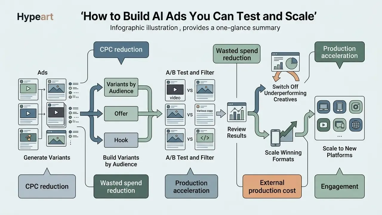 Visual guide mapping the creation, A/B testing, and scaling of digital marketing content variants
