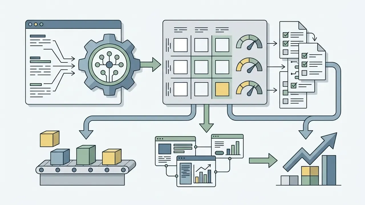 Systematic process diagram showing data inputs processed through a central gear into scoring and output models