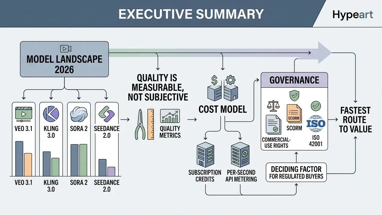 Flowchart showing the 2026 AI video creation platform landscape including quality metrics, cost models, and governance