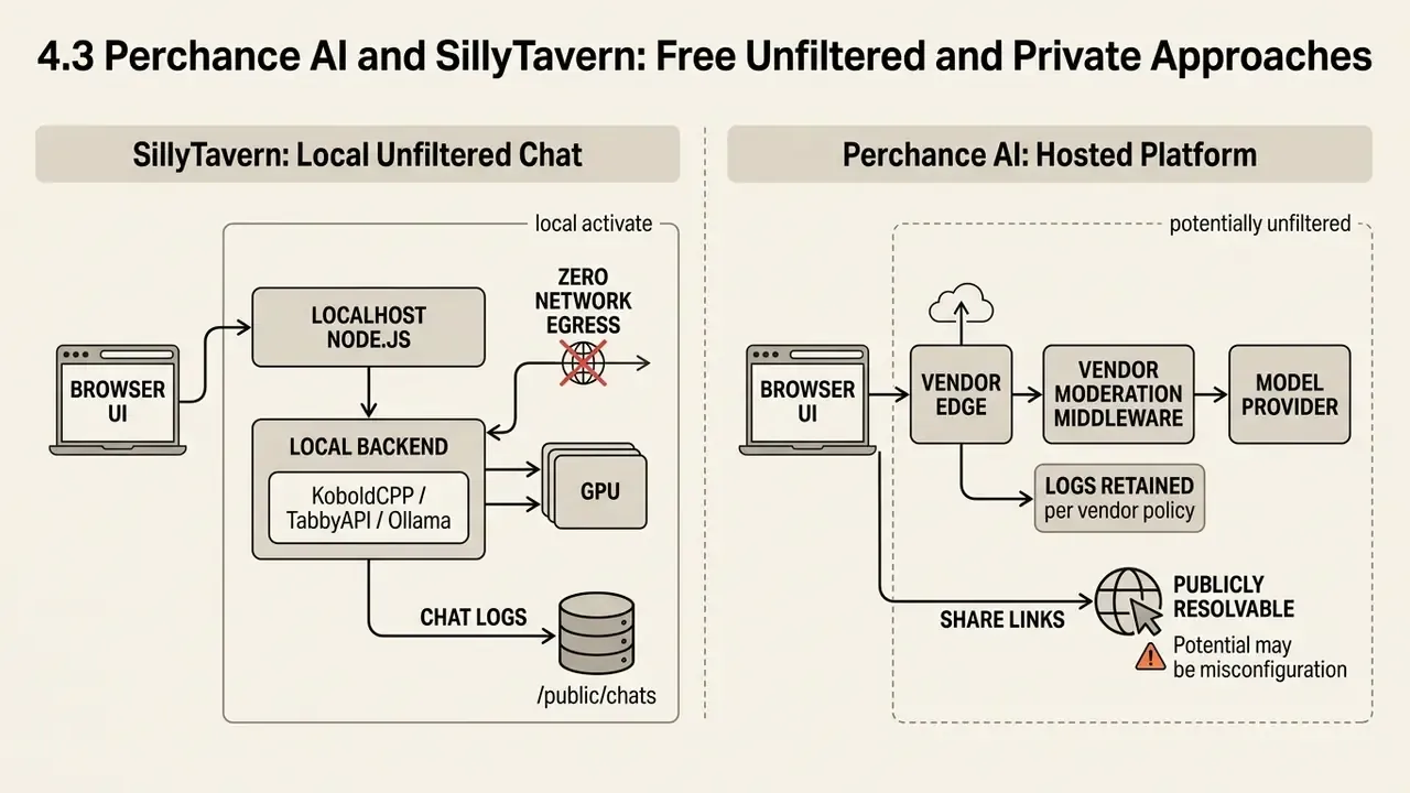 Diagram comparing data flow between local SillyTavern architecture and hosted Perchance AI platform
