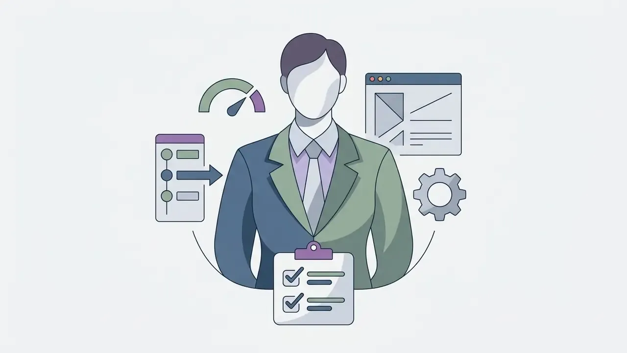 Professional avatar in a suit surrounded by icons for task lists, speed gauges, and digital settings