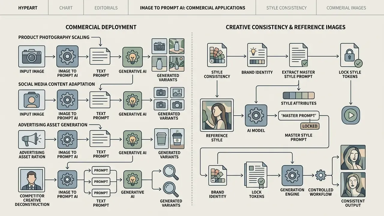 Two-part infographic mapping commercial deployment workflows and creative consistency processes