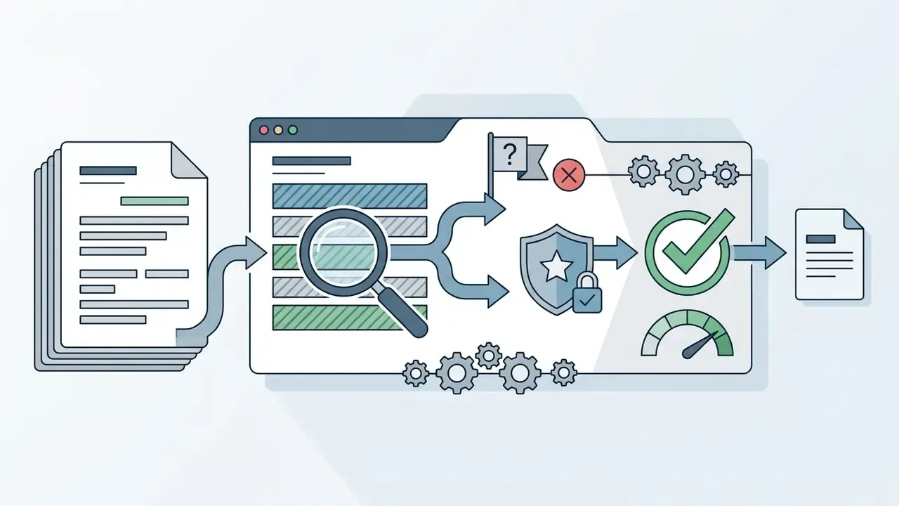 Documents flowing into an AI interface for data auditing, security validation, and final approval
