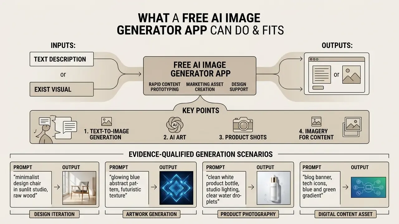 Diagram showing how a free AI image generator app processes text or visual inputs into various digital outputs