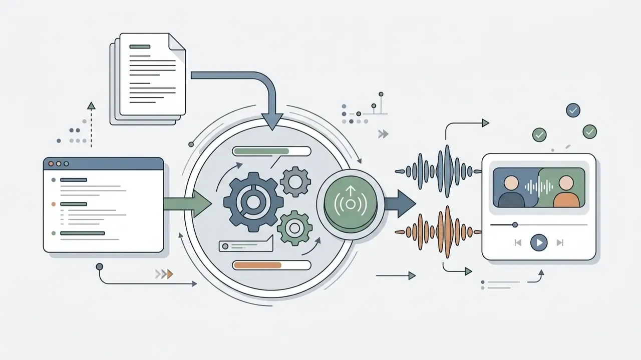 Documents and browser data flowing into a central processing hub to generate a two-host audio conversation