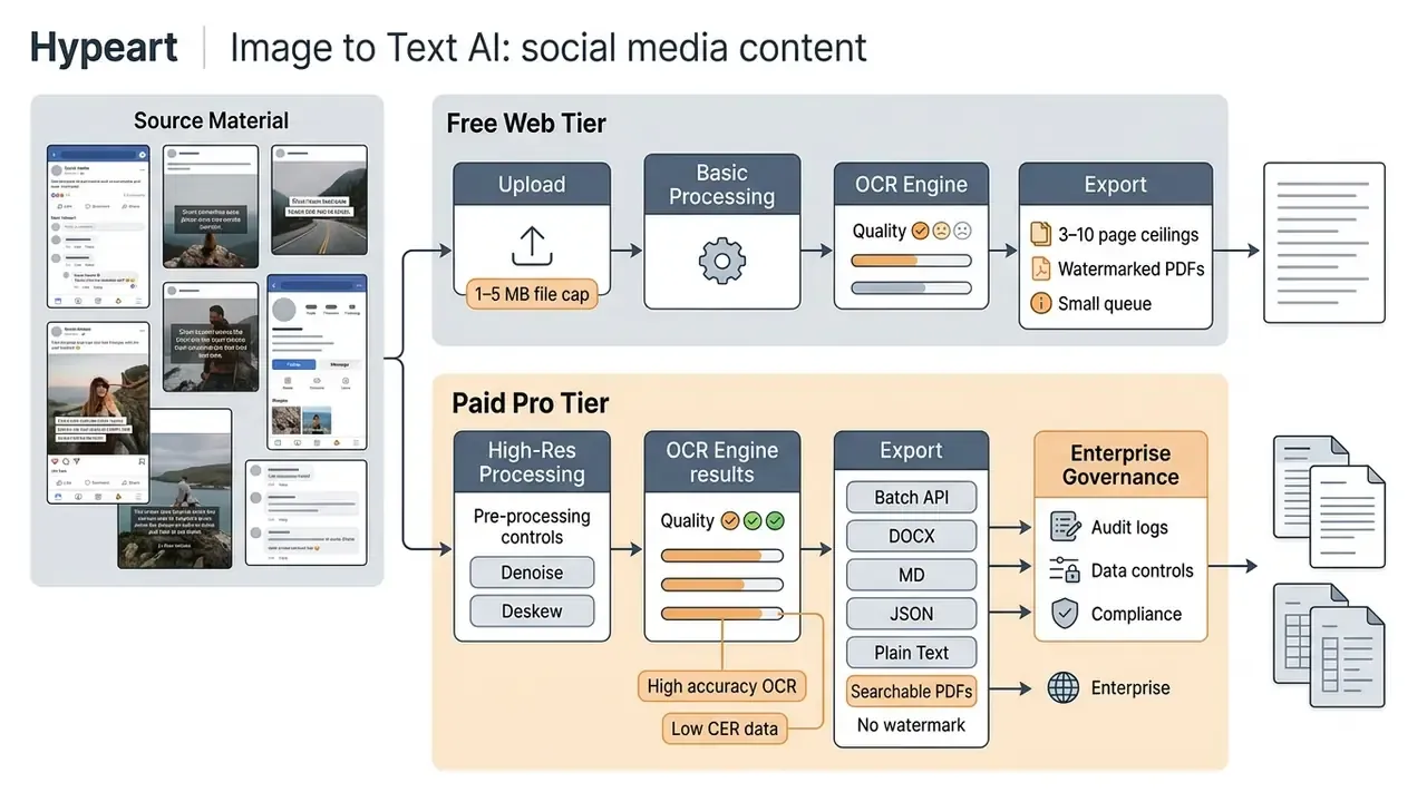 Comparison of free and paid service tiers for processing social media images into digital documents