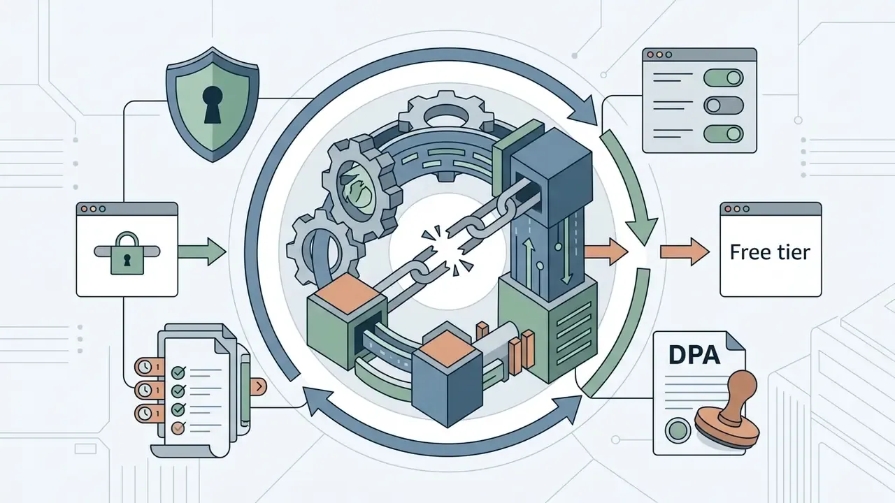 Broken chain in a gear system representing missing security controls for a free tier presentation tool