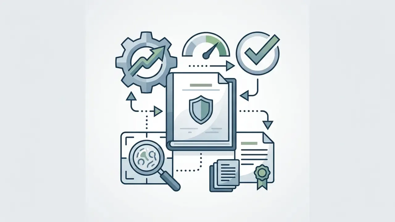 Document with a shield icon surrounded by a gear, a magnifying glass, a gauge, and a checkmark