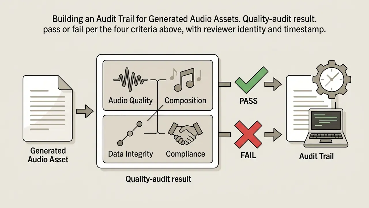 Four-quadrant assessment grid leading to pass or fail icons and a final audit trail document