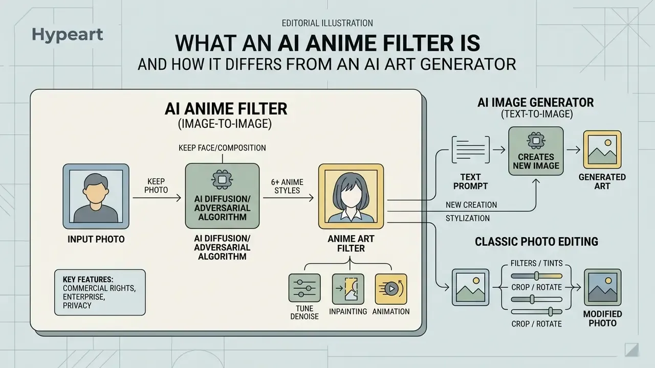 Infographic comparing AI anime filter processes with text-to-image generators and classic photo editing