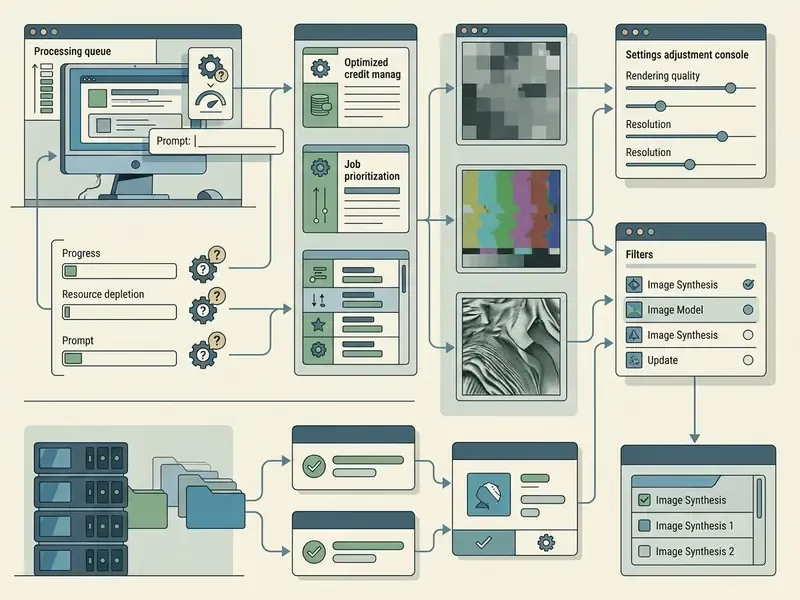 System overview showing NightCafe AI task management, image rendering settings, and server data flow