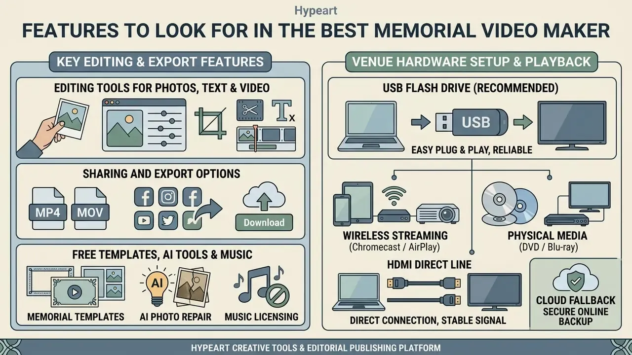 Infographic comparing editing features and hardware setup options for a tribute video maker