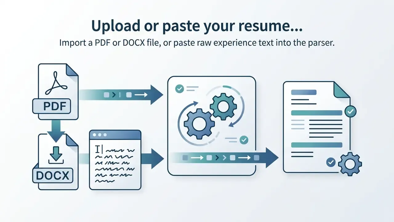 PDF and DOCX files being parsed into a central processing system to create a formatted document