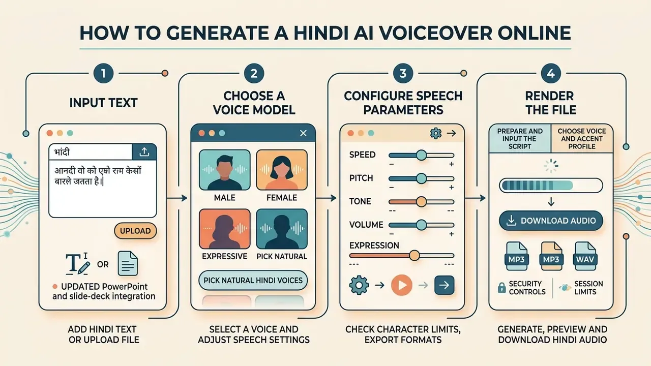 Four step guide showing how to input text, select voices, adjust audio settings and download Hindi files