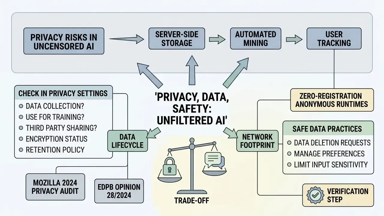 Infographic mapping data risks, privacy settings, and safe practices for unrestricted chatbot platforms