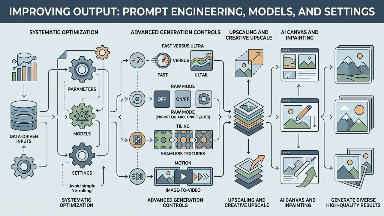 Diagram showing Leonardo AI parameter optimization workflows for advanced generation and editing controls