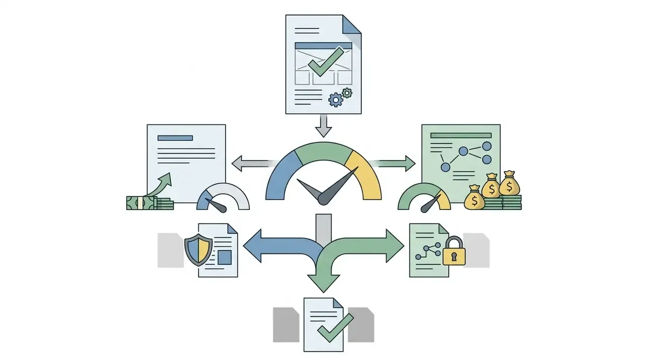 Central gauge icon surrounded by documents, currency bags, and security symbols representing pricing data