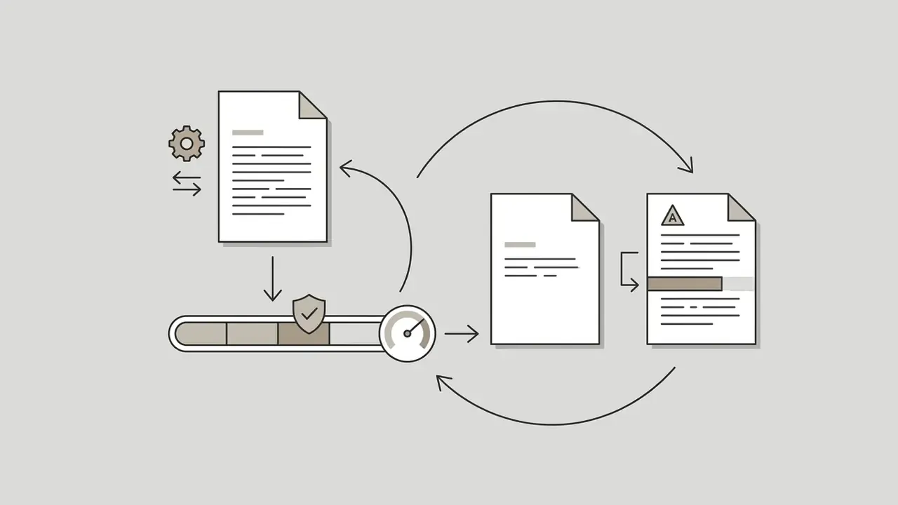 Cycle of document revisions passing through a security and speed assessment before final output