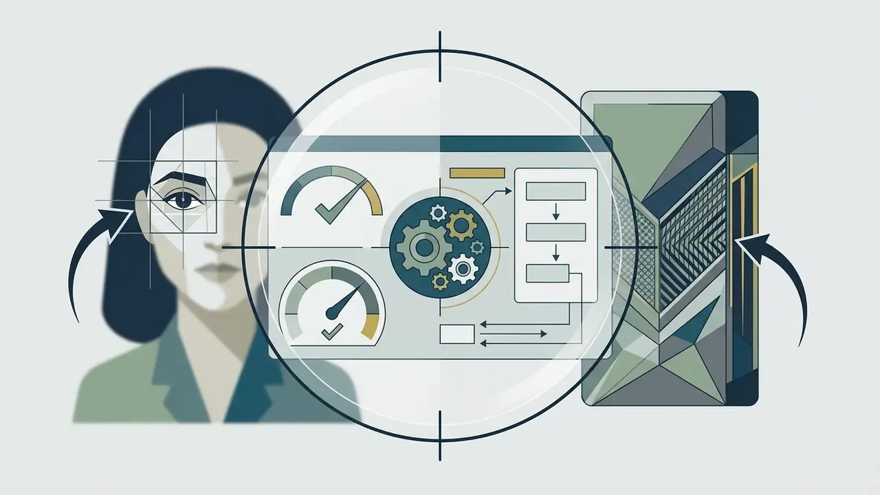 Targeting overlay focusing on a human eye and a product texture with gear icons and performance gauges