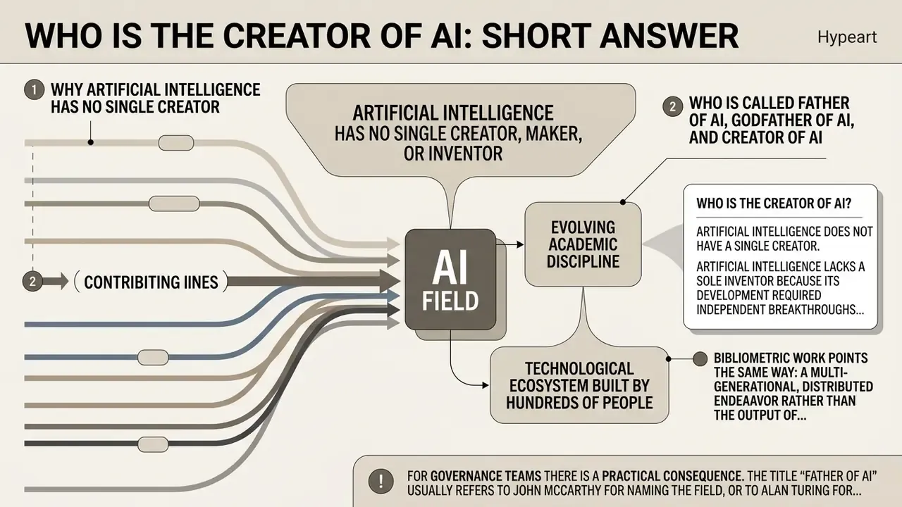 Infographic showing that AI is an evolving discipline built by many contributors rather than one creator