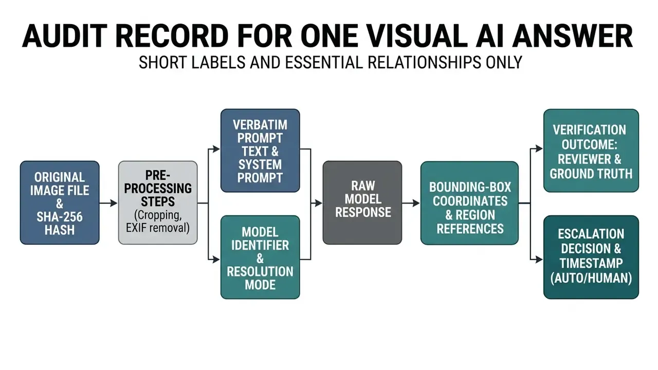 Flowchart mapping the documentation requirements for verifying a single visual AI model response