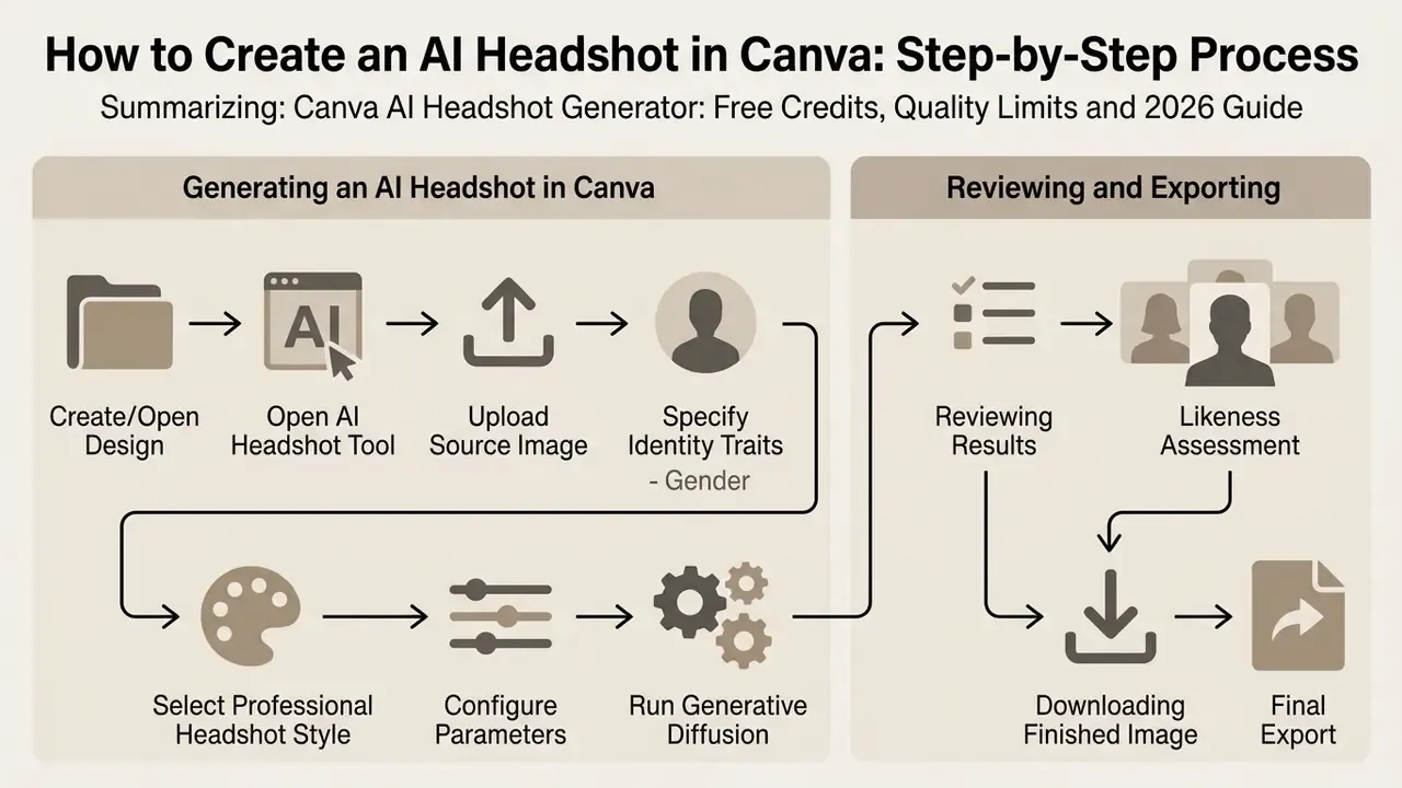 Flowchart showing steps to upload photos, configure AI settings, review results, and download portraits