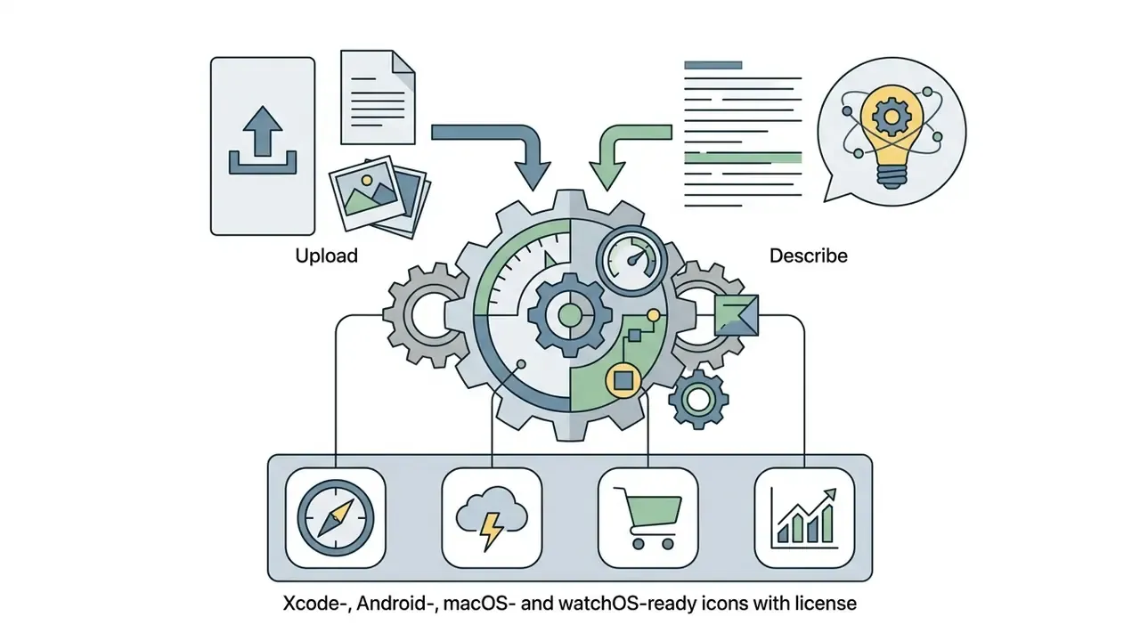 Central gear mechanism processing uploaded files and text prompts into platform ready icon assets