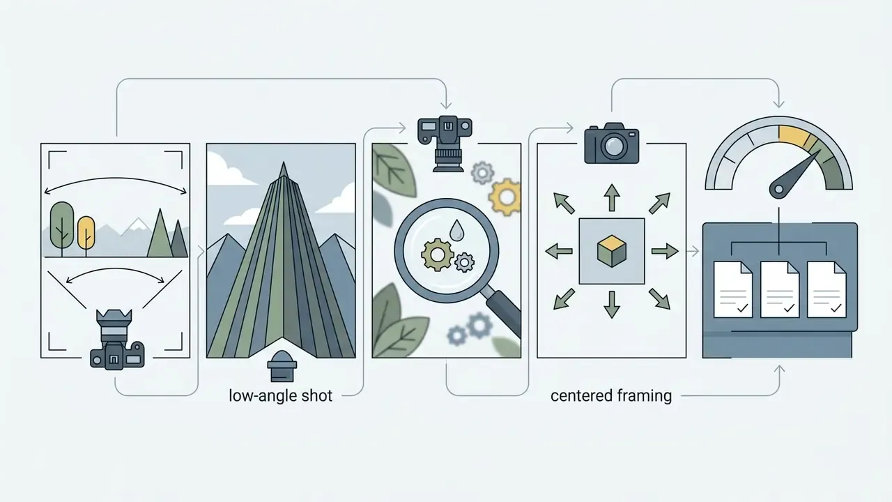 Sequence of camera icons and symbols representing wide-angle, low-angle, macro, and centered framing