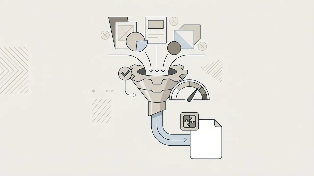 Various documents and shapes funneling into a gear mechanism to produce a single finished document