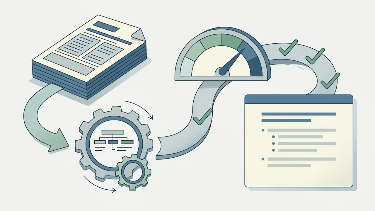 Stack of documents feeding into a gear mechanism and a performance gauge with checkmarks