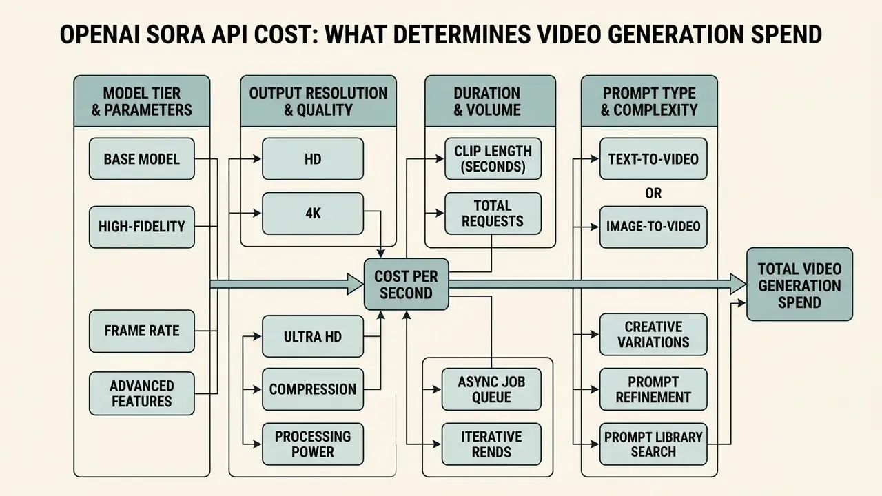 Flowchart detailing the variables like resolution, duration, and prompt type that impact OpenAI Sora costs
