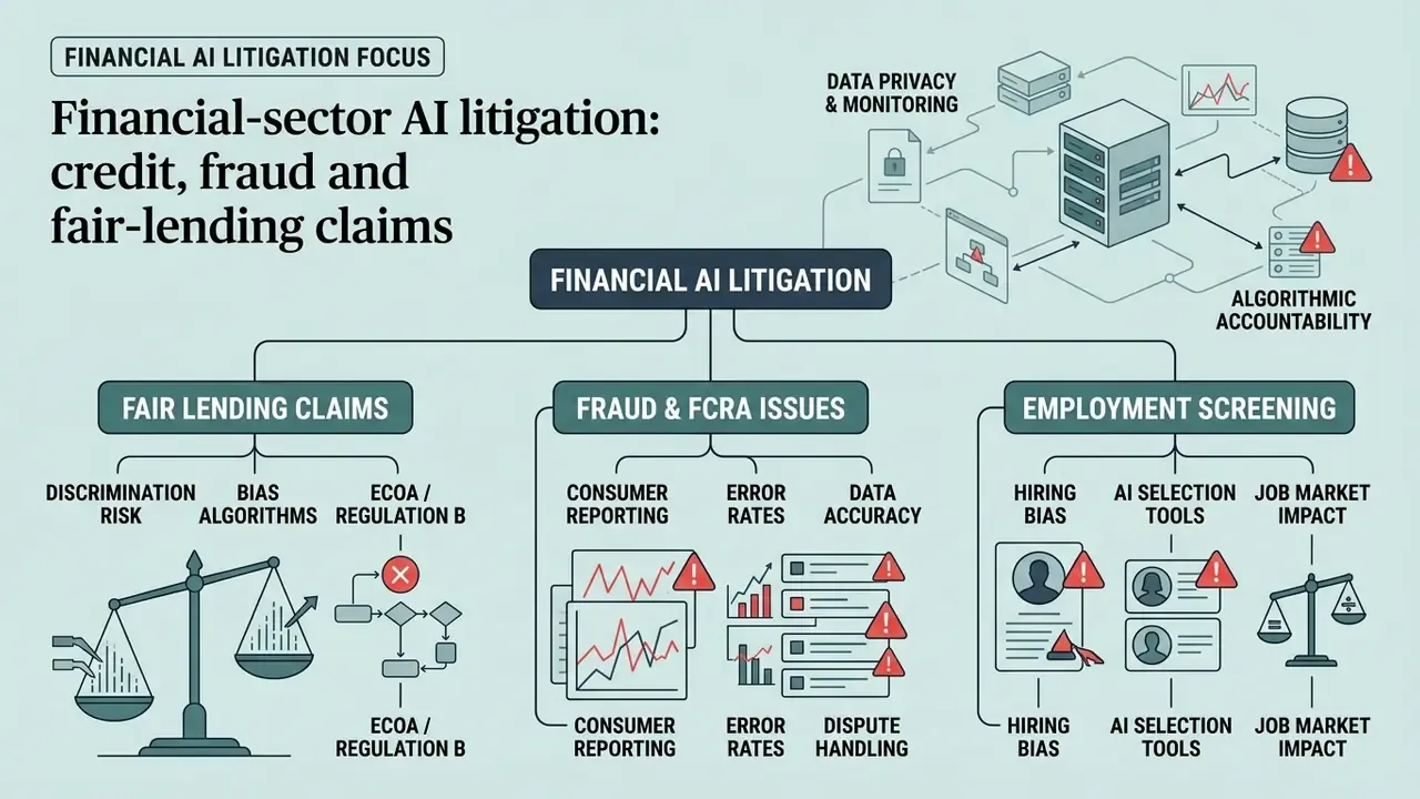Categorized infographic showing legal risk areas in financial AI including fair lending and employment