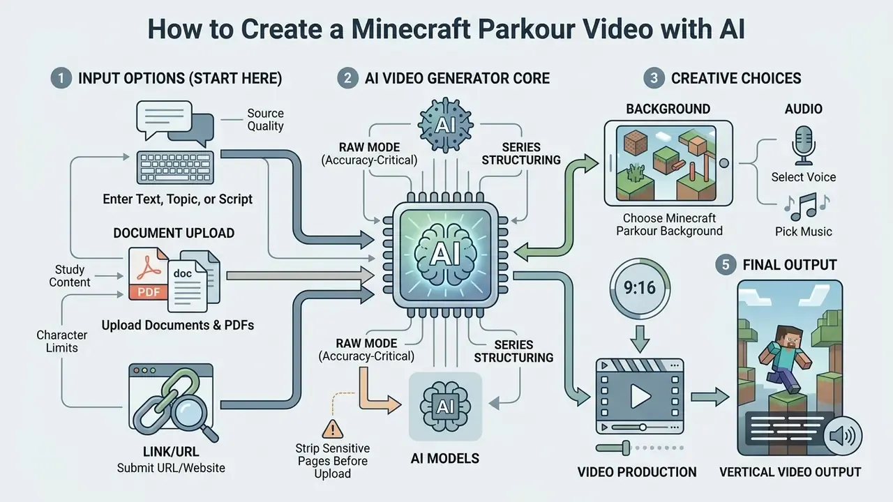 Diagram detailing the process of converting text and documents into vertical Minecraft parkour videos
