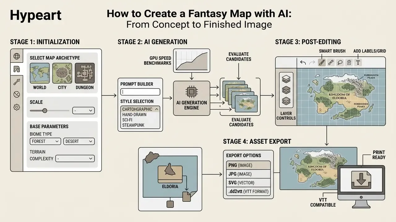 Four-stage process flow for a fantasy map generator AI from initial parameters to final file export