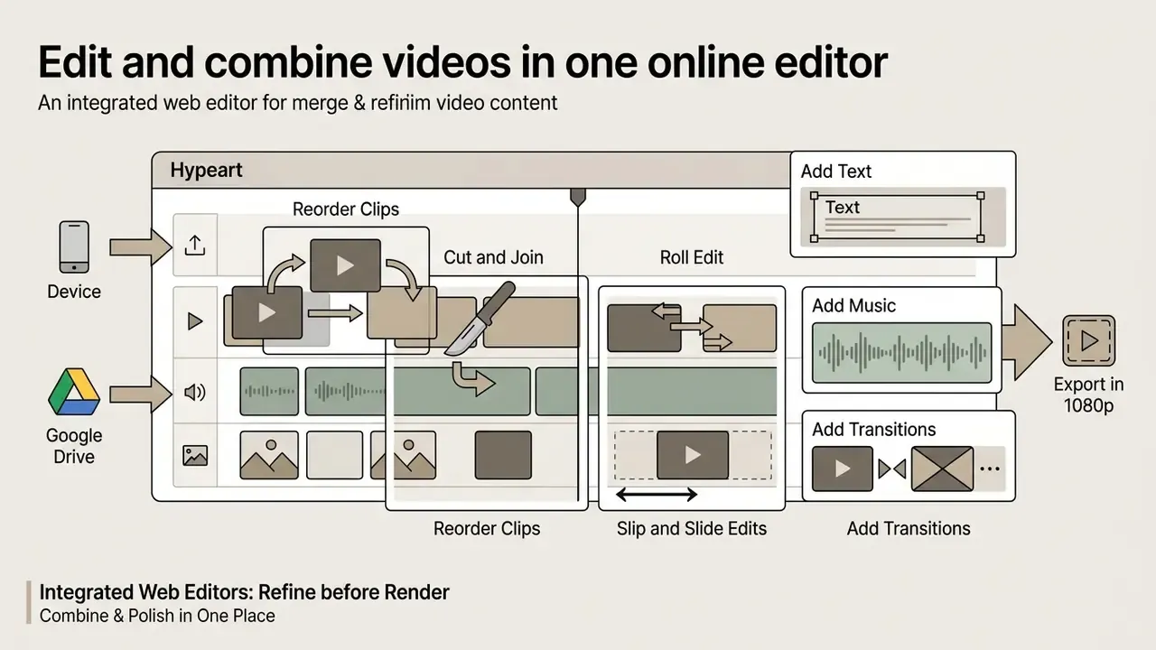 Infographic showing video file assembly and editing tools for reordering, cutting, and adding effects
