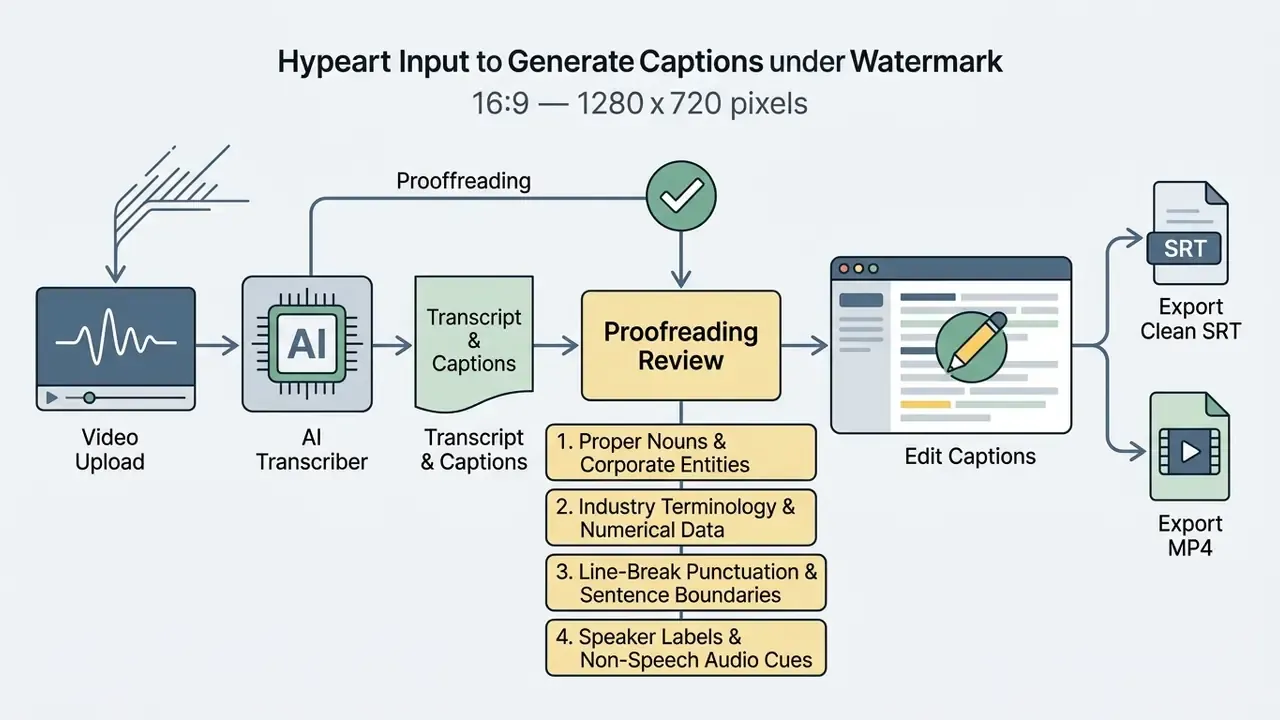 Process flow showing AI transcription followed by a four-point proofreading review before final export