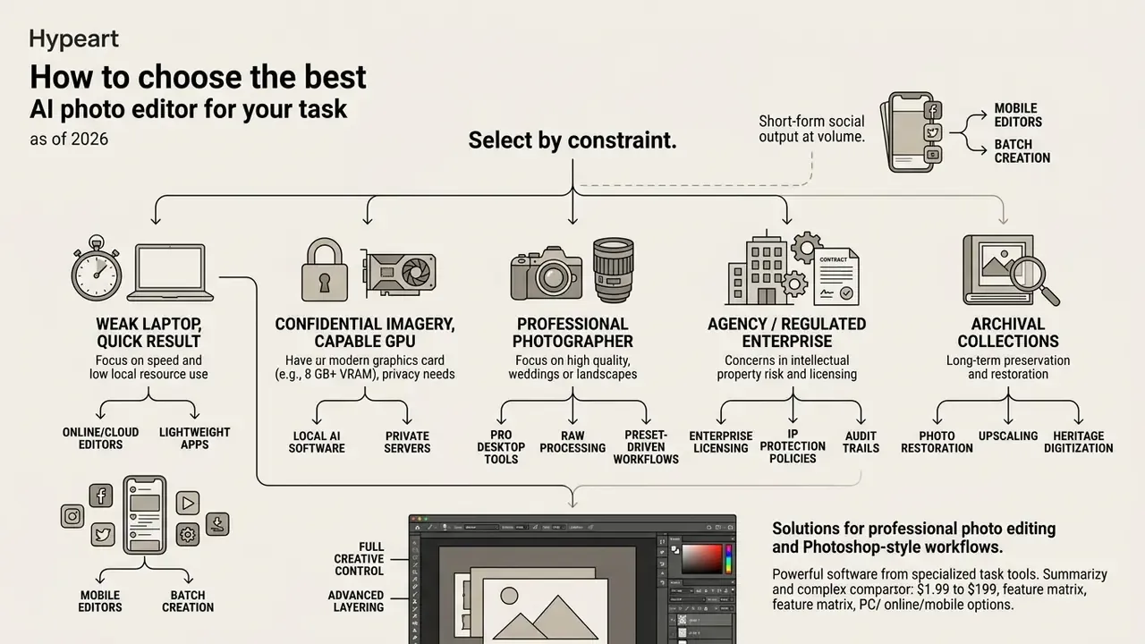 Decision tree outlining selection criteria for image processing based on hardware and professional needs