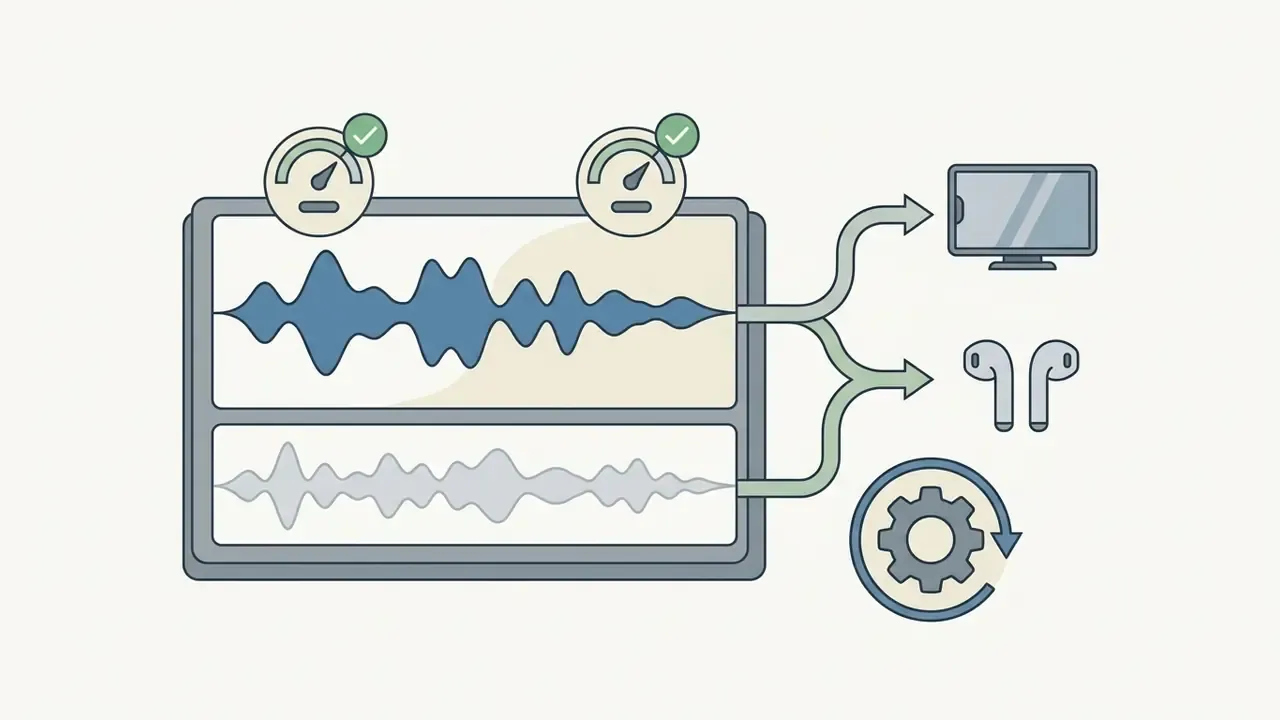 Audio waveforms being balanced and routed to monitor speakers and earbuds for sound quality verification