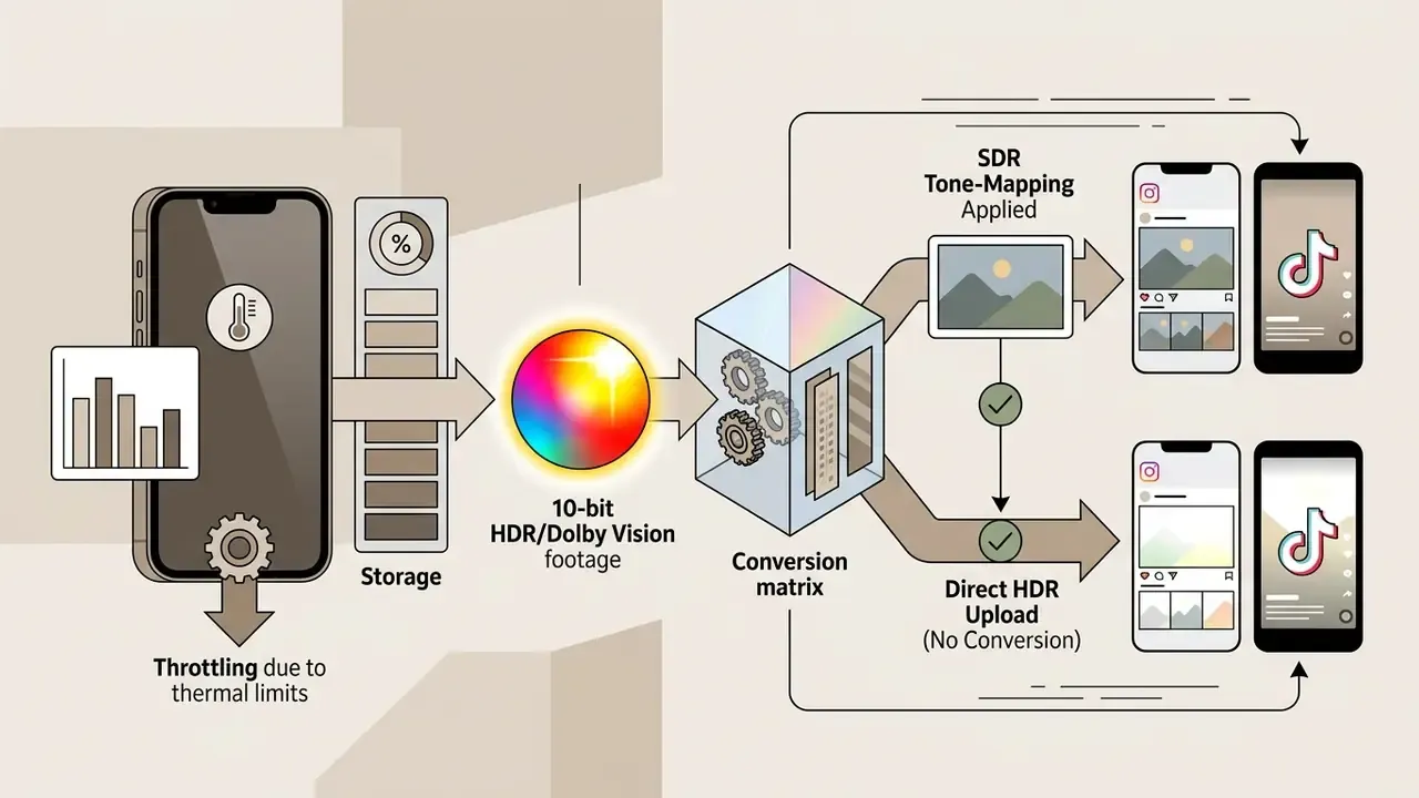 Diagram showing 10-bit HDR video processing paths for tone-mapped versus direct social media uploads