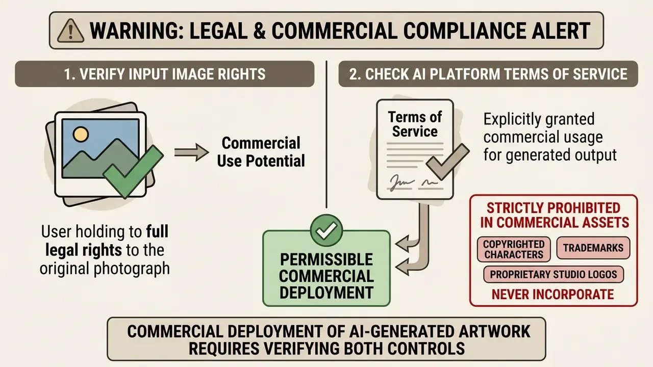 Compliance flowchart outlining legal requirements for commercial use of AI-generated artwork