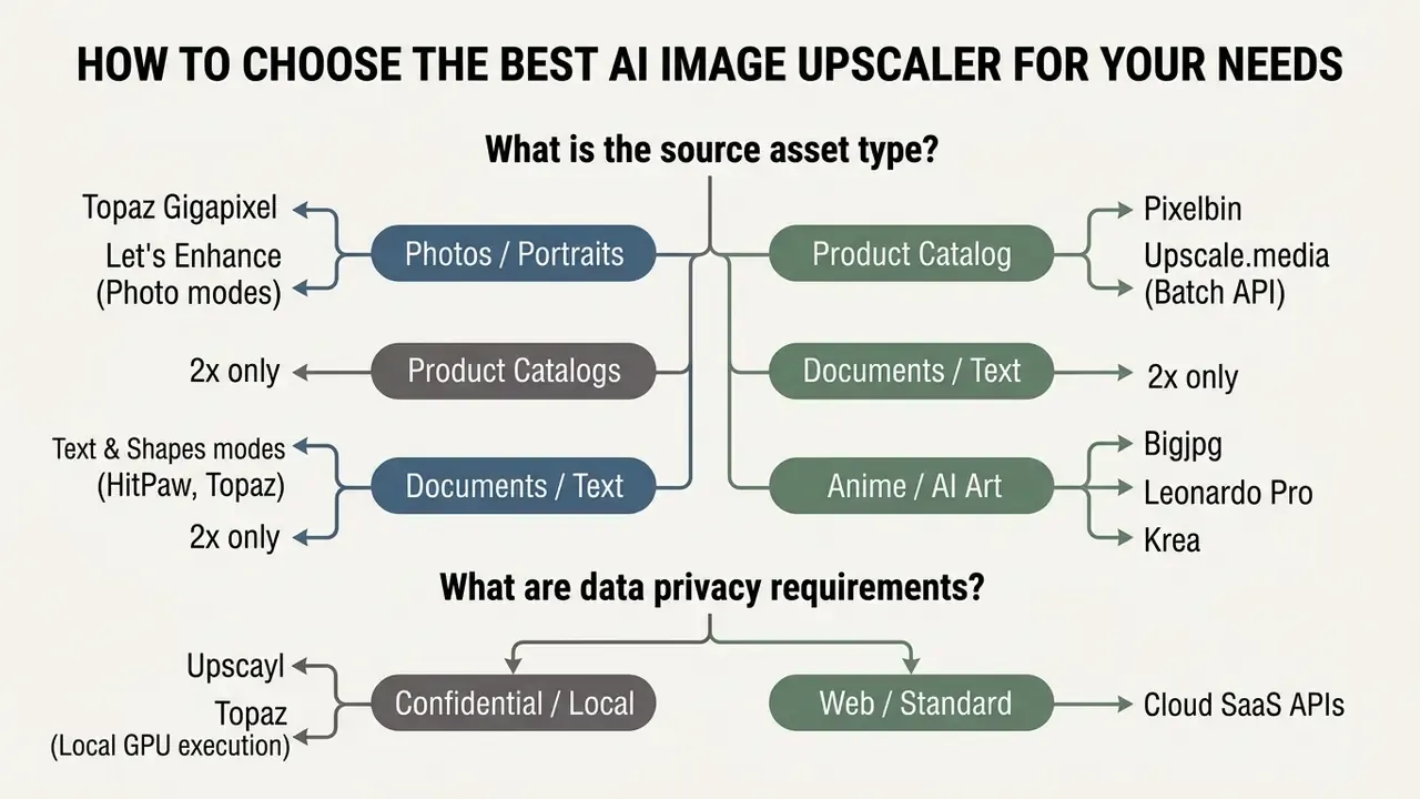 Decision tree mapping asset types and privacy requirements to specific AI image upscaler software tools